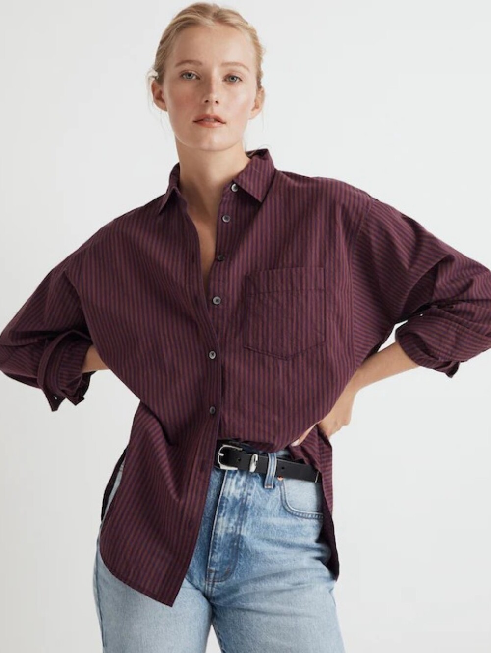 Madewell Oversized Striped Button Down Dolman Shirt Plum Prep Dark Academia L